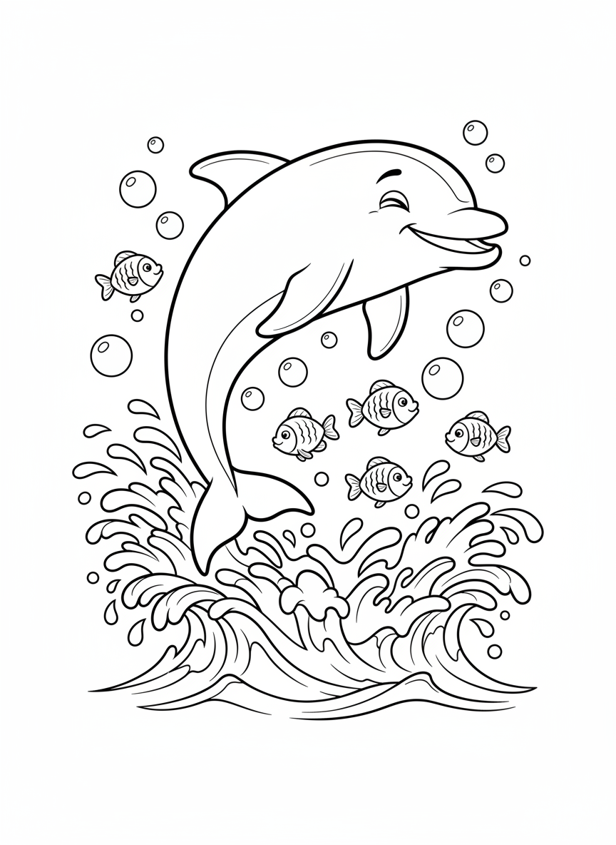 Playful Dolphin Jumping Ocean Adventure Coloring Page for Kids - Ocean Animal Coloring Page featuring Dolphin and Ocean - Free Printable Outline Drawing for Kids