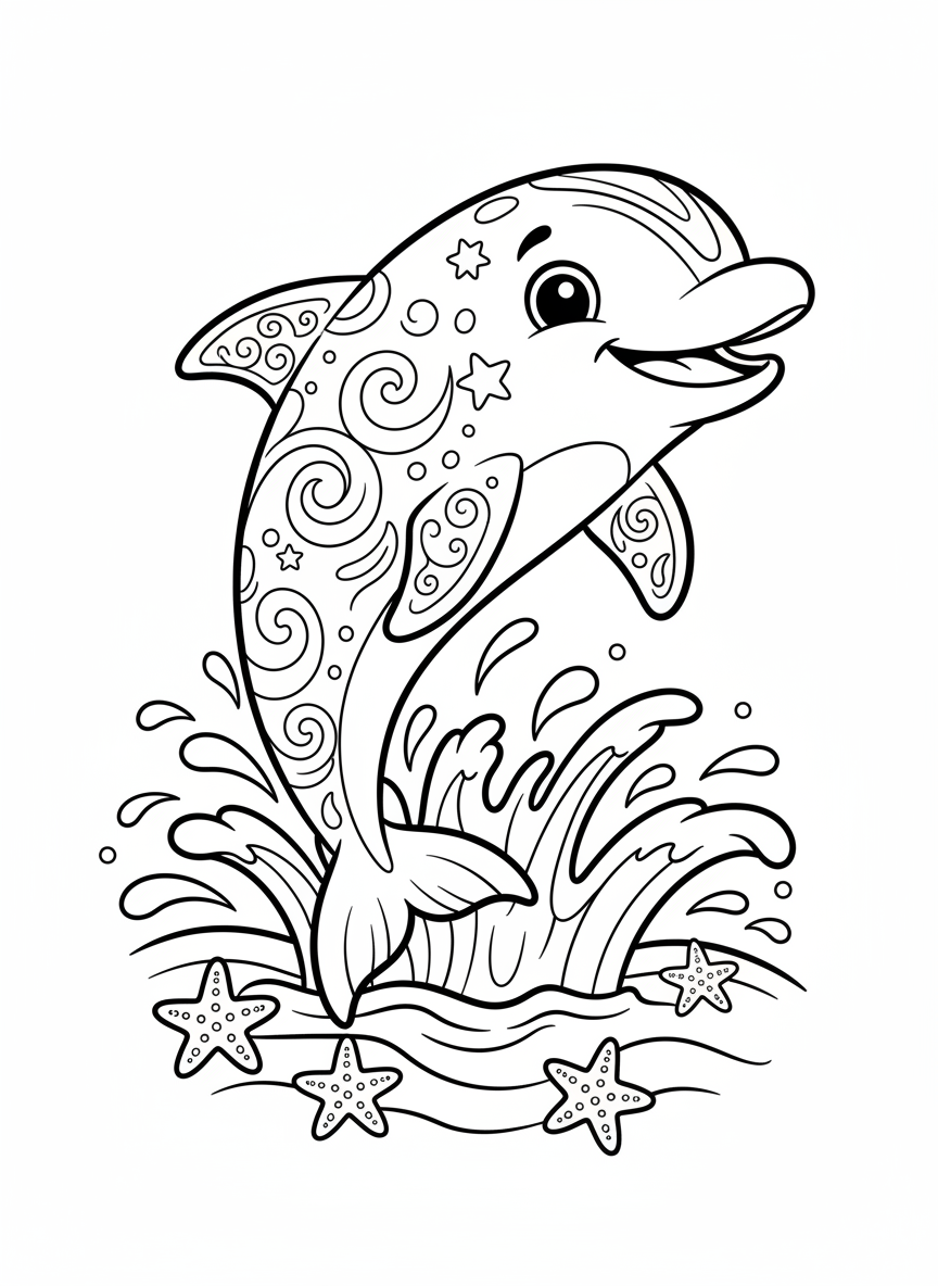 Playful Dolphin Leaping from Ocean - Kids Coloring Page - Ocean Animal Coloring Page featuring Dolphin and Ocean - Free Printable Outline Drawing for Kids
