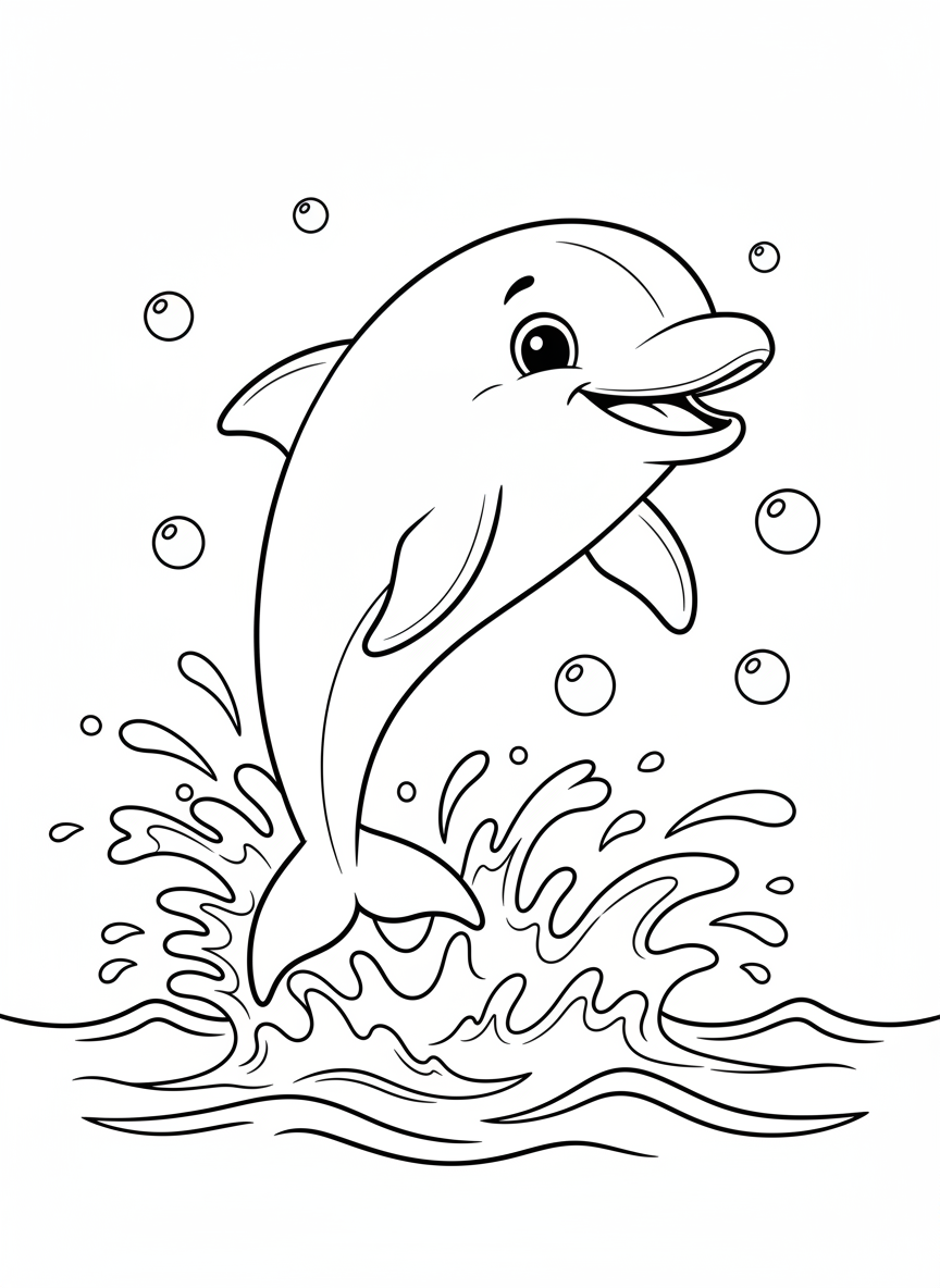 Playful Dolphin Ocean Adventure Coloring Page for Kids - Ocean Animal Coloring Page featuring Ocean and Cute - Free Printable Outline Drawing for Kids