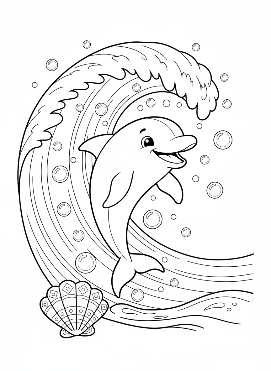 Playful Dolphin Wave Ride: Fun Kids' Coloring Page - Ocean Animal Coloring Page featuring Dolphin and Ocean - Free Printable Outline Drawing for Kids