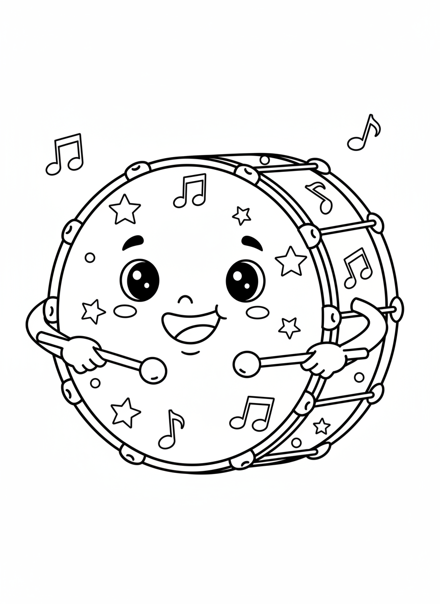 Playful Drum Solo Coloring Page: A Smiling Cartoon Drum for Kids - Musical Instrument Coloring Page featuring Cute and Kids - Free Printable Outline Drawing for Kids