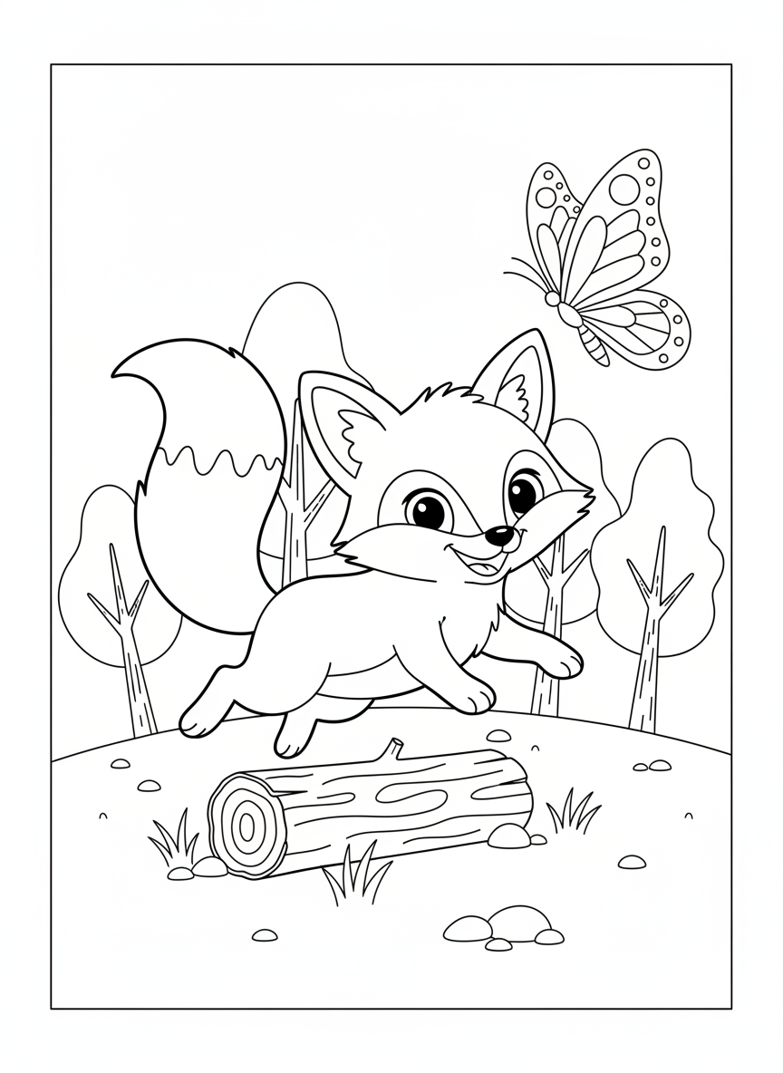 Playful Fox & Butterfly: A Joyful Jumping Adventure Coloring Page - Fox Coloring Page featuring Children and Cute - Free Printable Outline Drawing for Kids