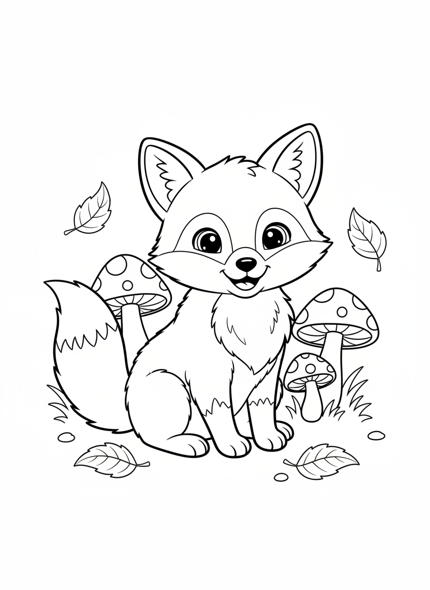 Página para Colorir de Aventura de Raposa Filhote na Floresta para Crianças - Raposa Desenho para Colorir com Desenho Animado Fofo e Animais da Floresta - Desenho de Contorno Grátis Imprimível