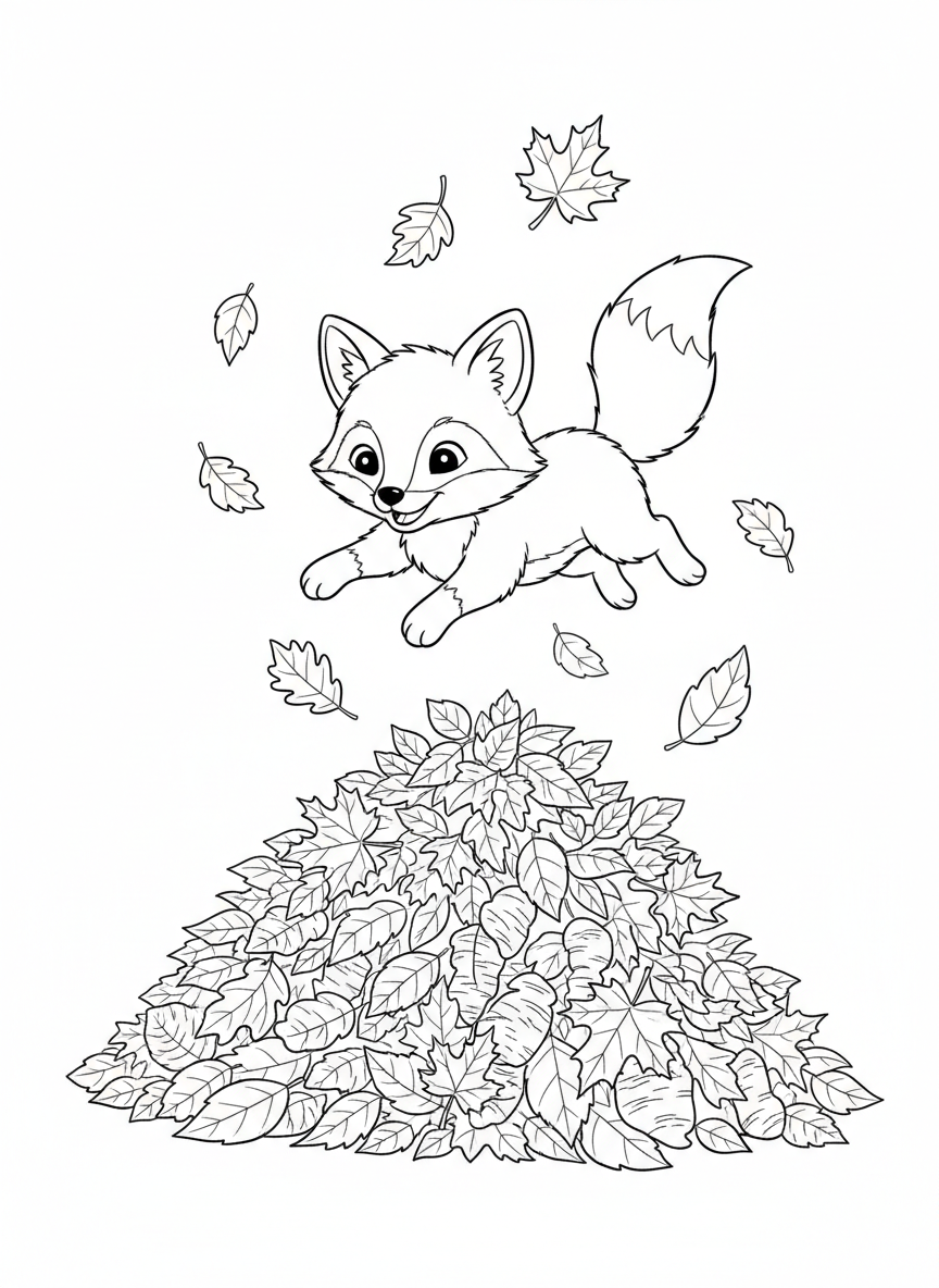 Playful Fox Cub Jumps into Autumn Leaves Coloring Page - Fox Coloring Page featuring Children and Leaves - Free Printable Outline Drawing for Kids