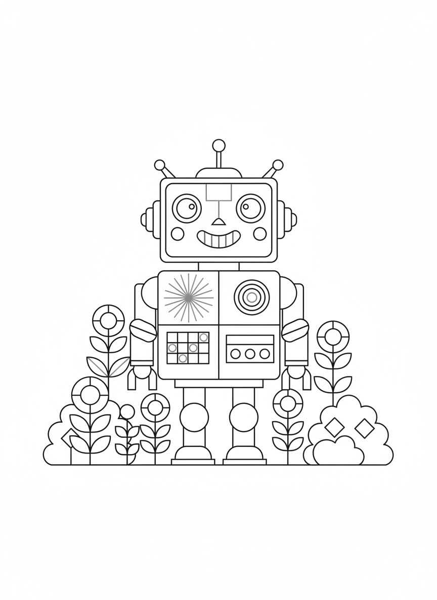 Playful Geometric Robot Coloring Page for Kids - Robot Coloring Page featuring Easy to Color and Robot - Free Printable Outline Drawing for Kids
