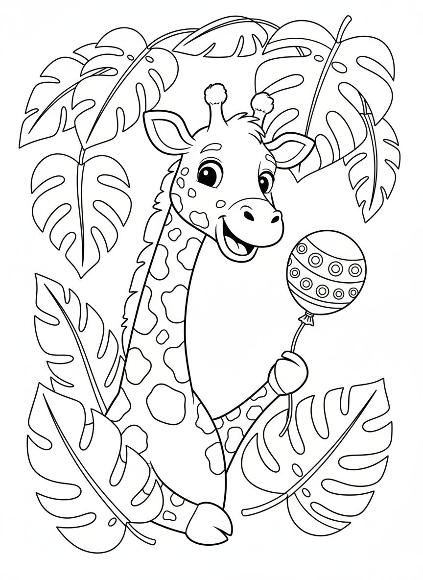Spielerische Giraffe mit Ballon Malvorlage für Kinder - Giraffe Malvorlage mit Kinder und Niedlich - Kostenlose Druckbare Umrisszeichnung