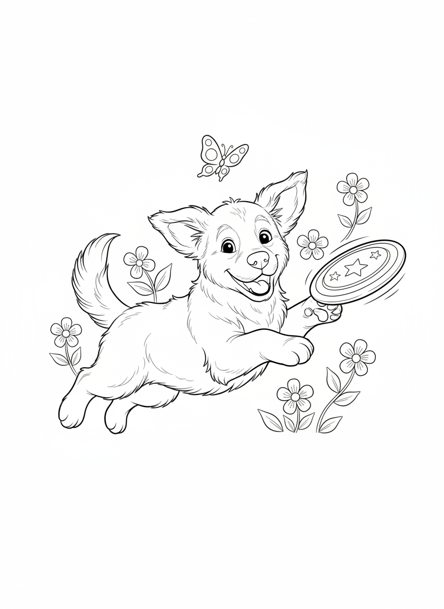 Playful Golden Retriever Puppy Chasing a Flying Disc - Dog Coloring Page featuring Flying Disc and Puppy - Free Printable Outline Drawing for Kids