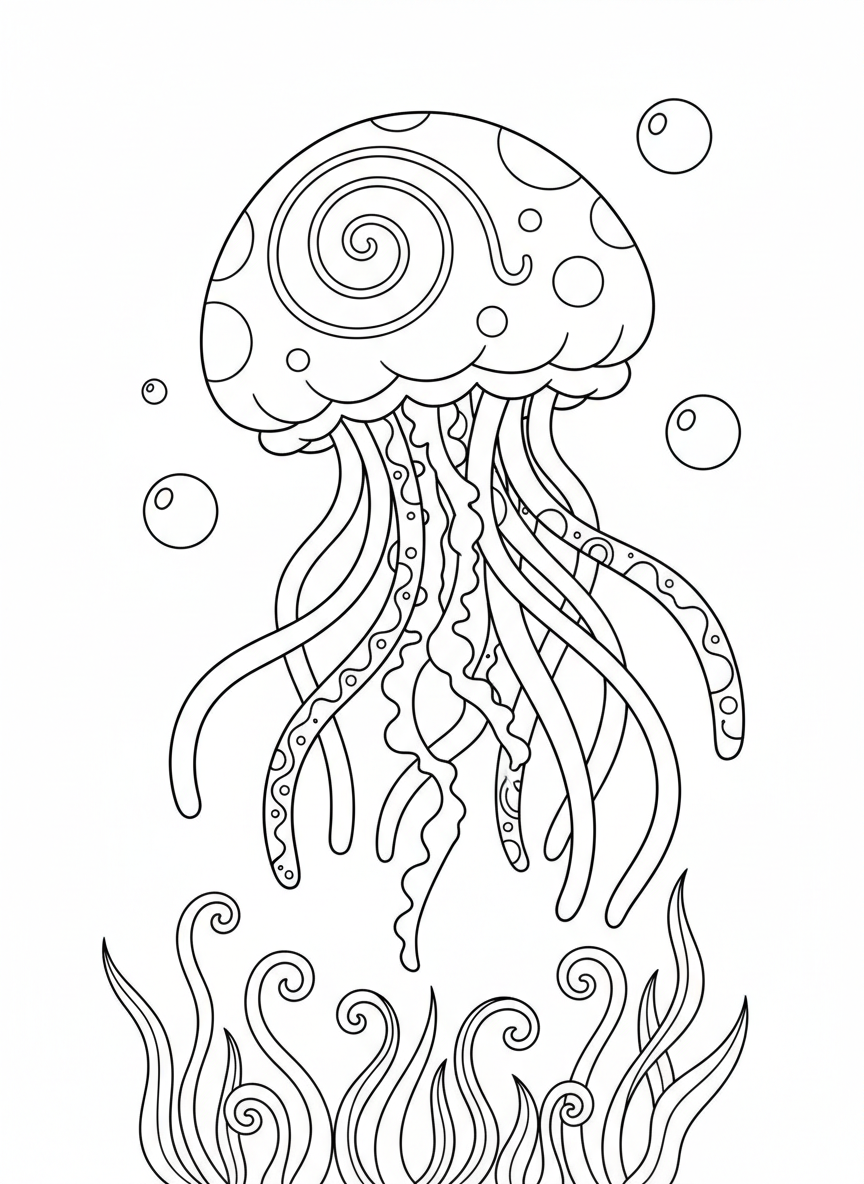 Playful Jellyfish Ocean Adventure Coloring Page for Kids - Ocean Animal Coloring Page featuring Ocean and Children - Free Printable Outline Drawing for Kids
