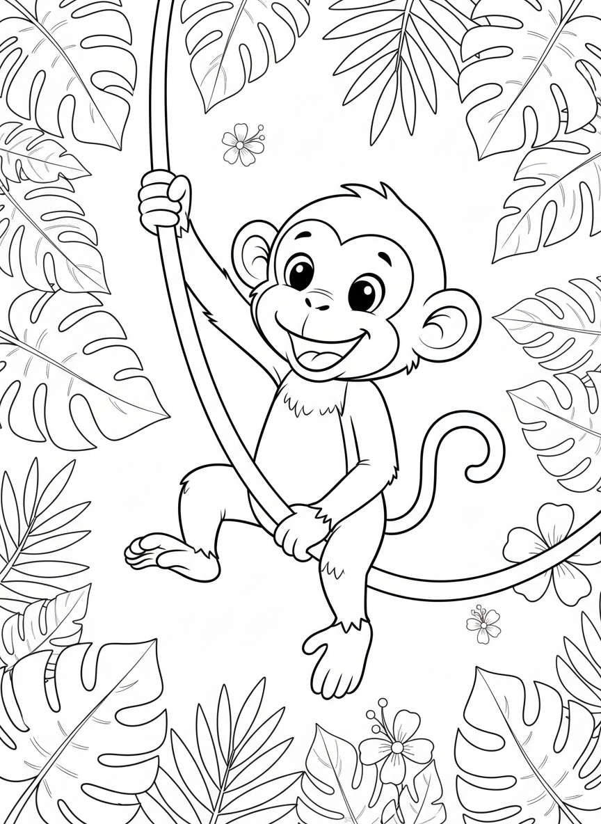 Página de Colorir Macaco Feliz na Selva para Crianças - Macaco Desenho para Colorir com Feliz e Crianças - Desenho de Contorno Grátis Imprimível