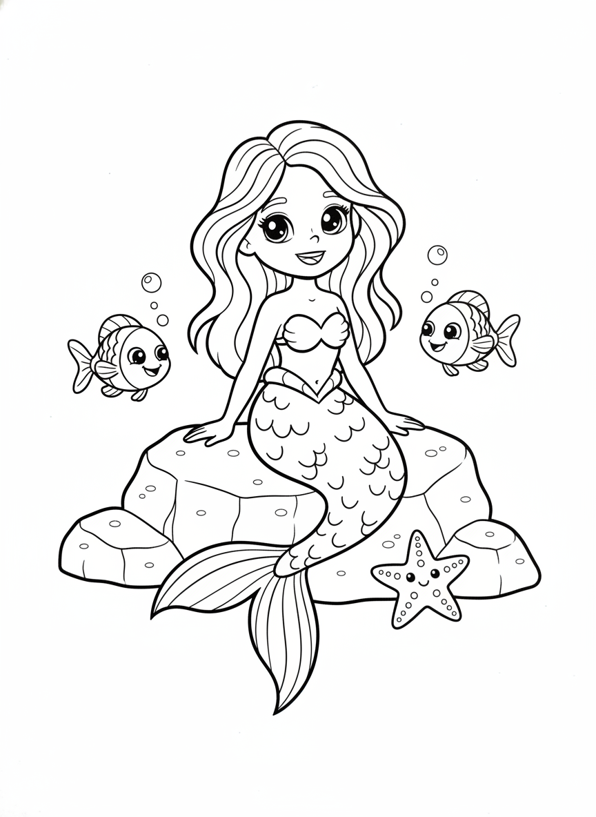 Playful Mermaid & Ocean Friends Coloring Page for Kids - Ocean Animal Coloring Page featuring Ocean and Easy to Color - Free Printable Outline Drawing for Kids