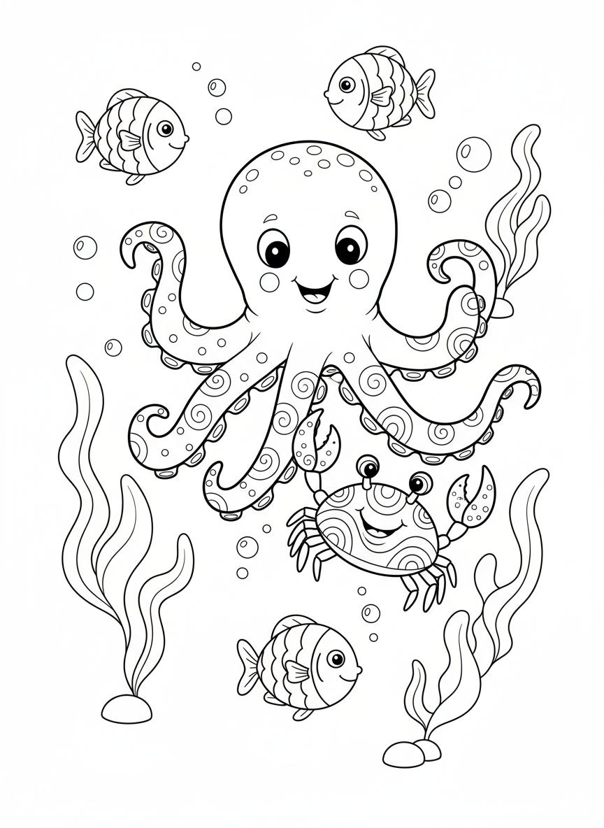 Playful Octopus & Crab Underwater Friends Coloring Page for Kids - Ocean Animal Coloring Page featuring Octopus and Cute Cartoon - Free Printable Outline Drawing for Kids