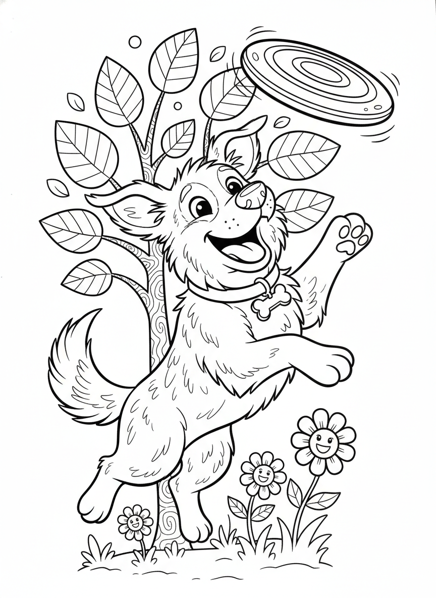Playful Puppy Catching Frisbee in the Park Coloring Page for Kids - Dog Coloring Page featuring Cute and Kids - Free Printable Outline Drawing for Kids