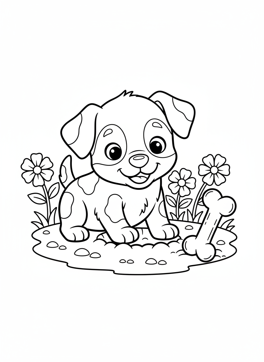 Página de Colorir de Cachorrinho Brincalhão Cavando no Jardim - Cachorro Desenho para Colorir com Fofo e Jardim - Desenho de Contorno Grátis Imprimível