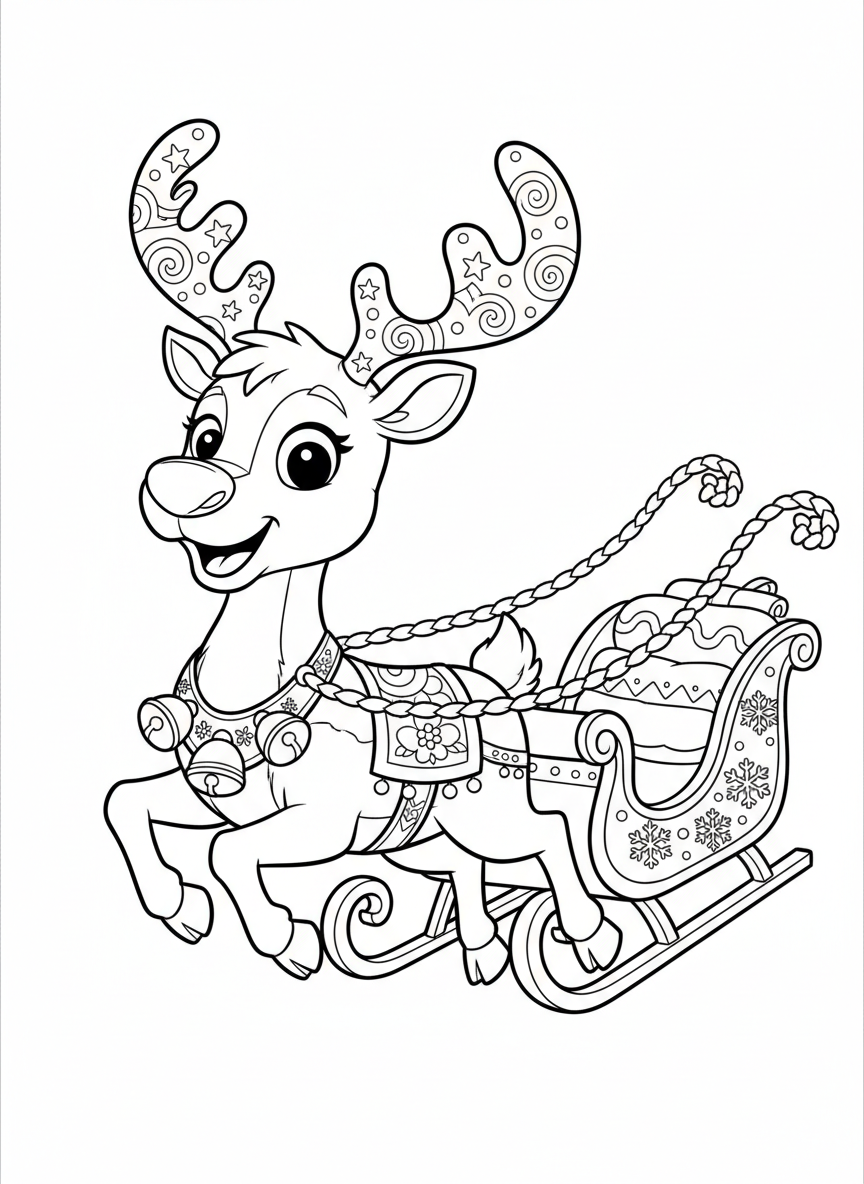 Reno Juguetón y Trineo: Página para Colorear de Navidad - Navidad Dibujo para Colorear con Navidad y Niños - Dibujo de Contorno Gratis Imprimible