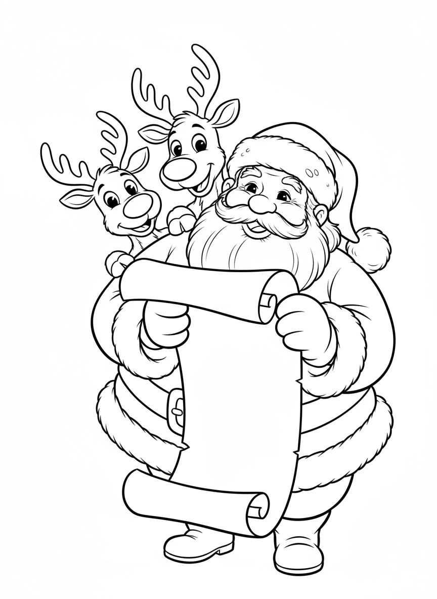 Papai Noel Brincalhão e Rena Travessa: Página para Colorir de Natal - Natal Desenho para Colorir com Natal e Fácil de Colorir - Desenho de Contorno Grátis Imprimível