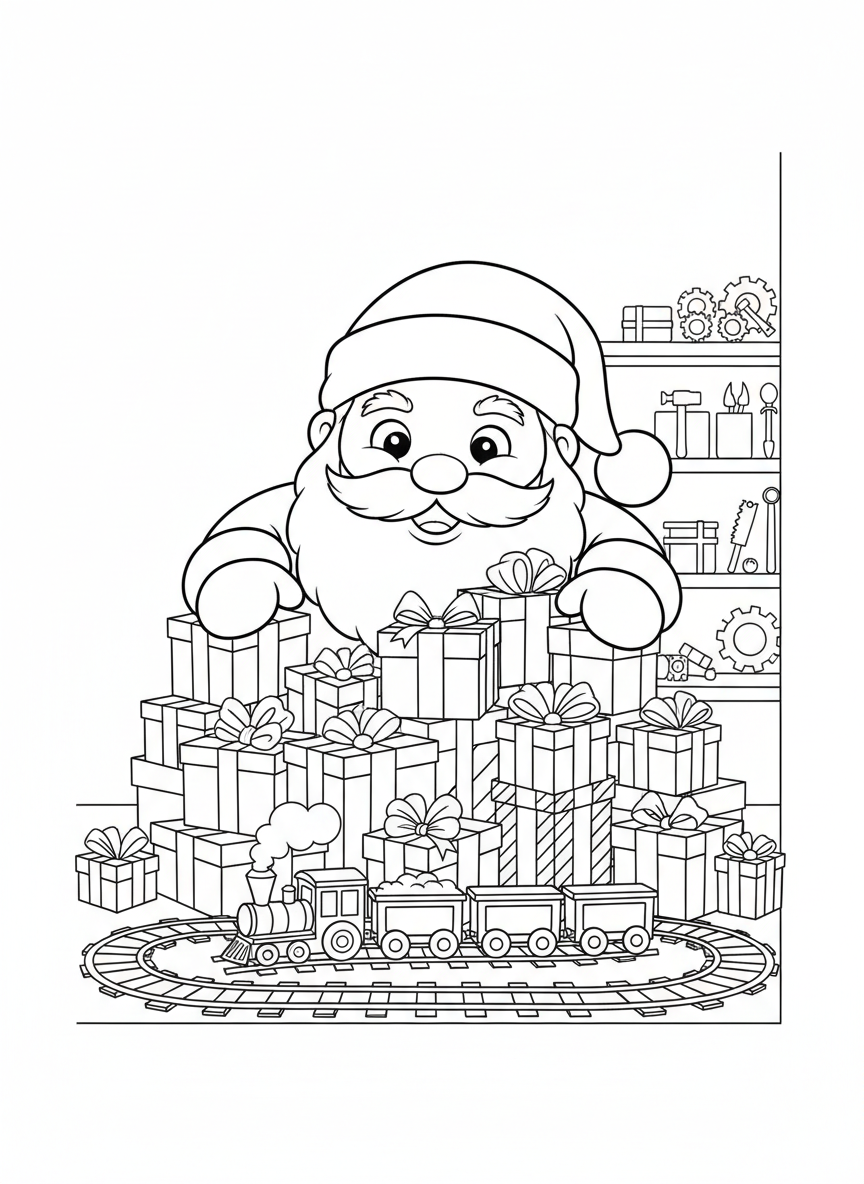 Playful Santa & Toy Train Coloring Page - Christmas Coloring Page featuring Christmas and Playful - Free Printable Outline Drawing for Kids