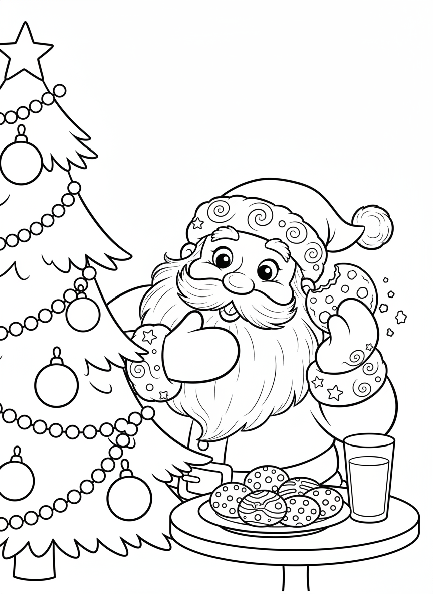 Frecher Weihnachtsmann stibitzt Kekse: Eine festliche Weihnachts-Malseite - Weihnachten Malvorlage mit Weihnachten und Verspielt - Kostenlose Druckbare Umrisszeichnung