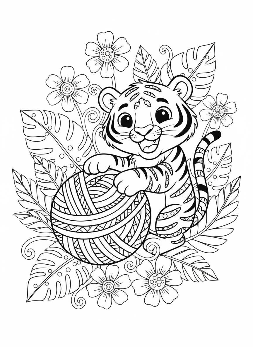 Playful Tiger Cub with Yarn Ball Coloring Page for Kids - Tiger Coloring Page featuring Children and Cute - Free Printable Outline Drawing for Kids