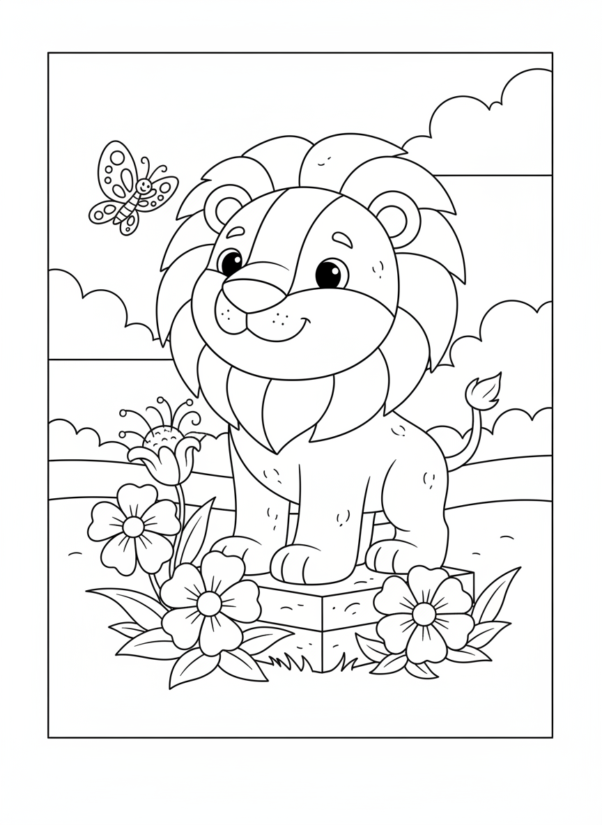 Página para colorear: Escultura de León de Caricatura en Parque para Niños - León Dibujo para Colorear con Niños y Lindo - Dibujo de Contorno Gratis Imprimible