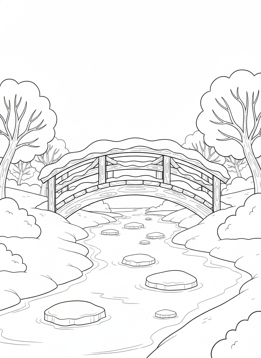 Quaint Snow-Covered Bridge Coloring Page - Winter Coloring Page featuring Snow and Seasonal - Free Printable Outline Drawing for Kids