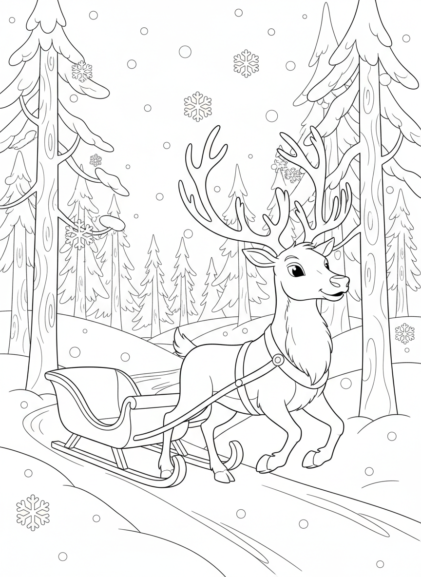 Reindeer Pulling Snowy Sleigh Coloring Page - Winter Coloring Page featuring Snow and Seasonal - Free Printable Outline Drawing for Kids