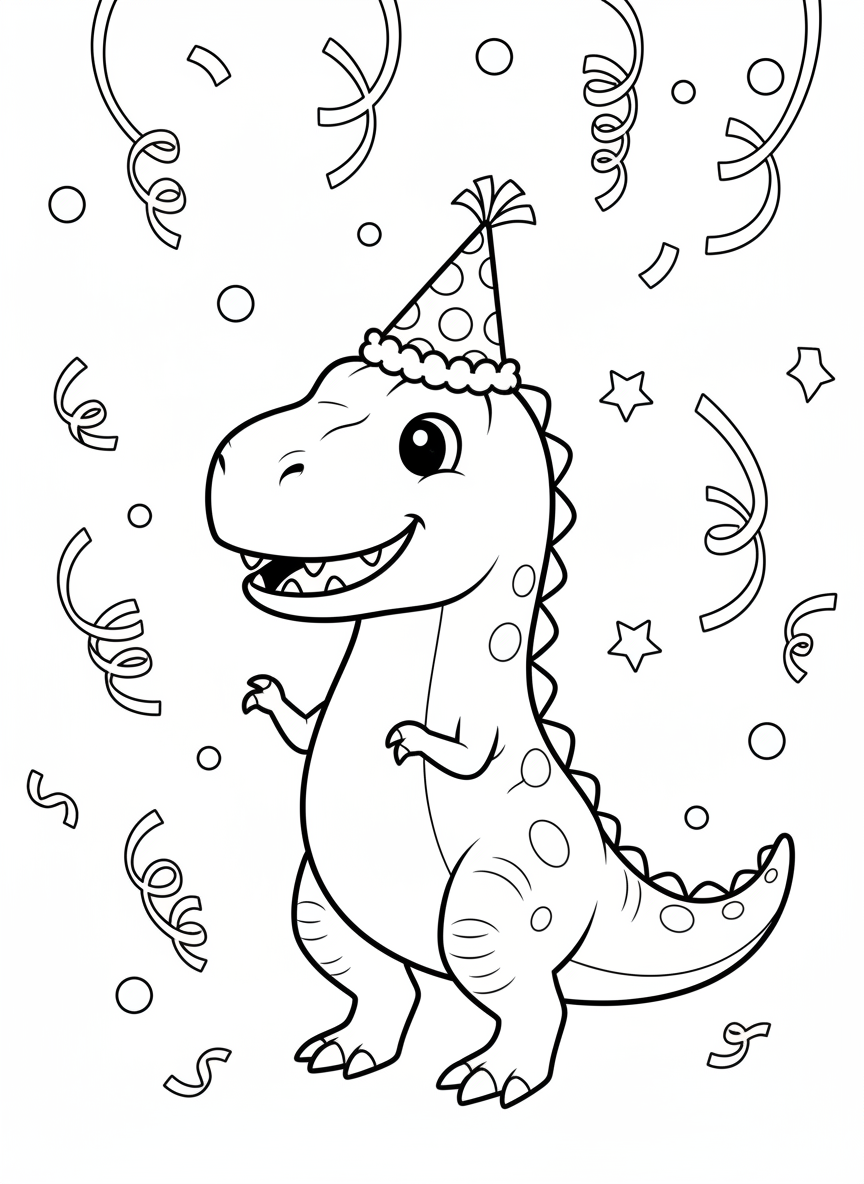 Roaring Fun: Cute T-Rex Party Time Coloring Page for Kids - Dinosaur Coloring Page featuring Festive and Children - Free Printable Outline Drawing for Kids