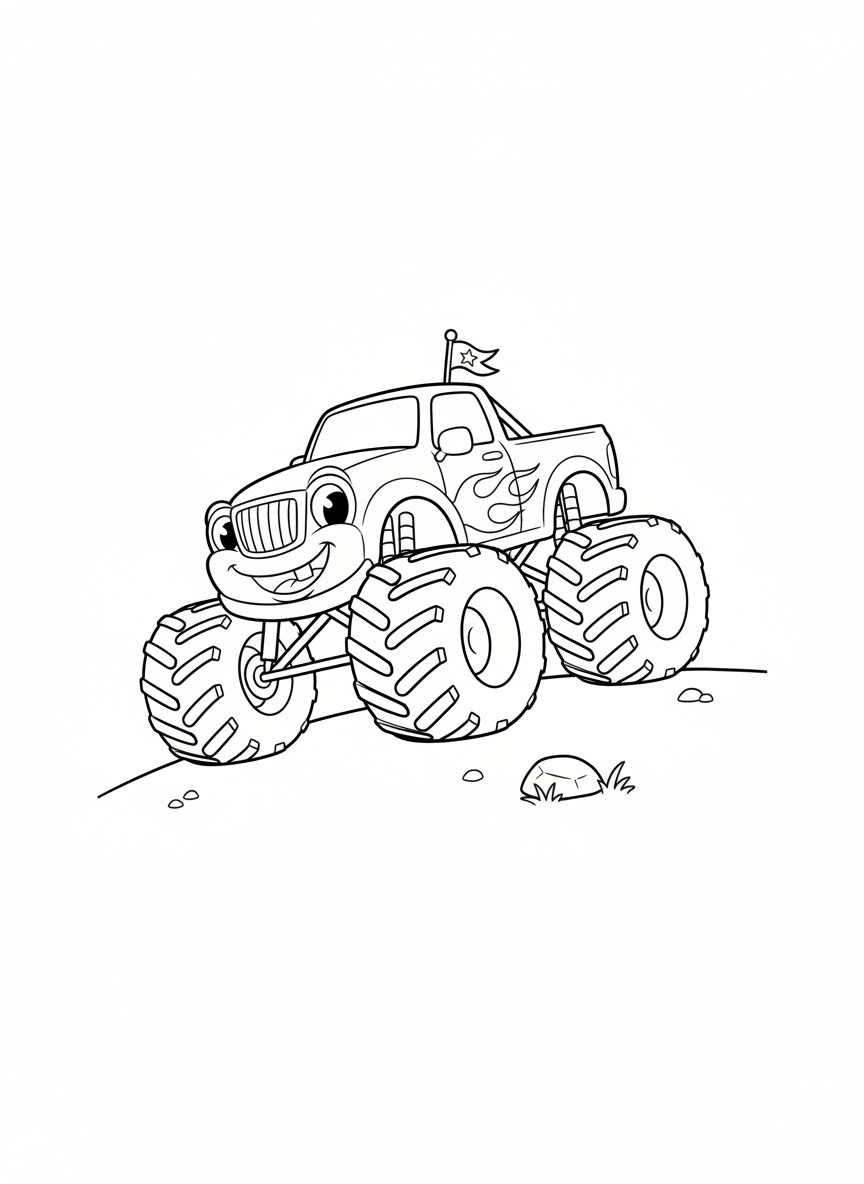 Roaring Fun Monster Truck Coloring Page for Kids - Truck Coloring Page featuring Truck and Children - Free Printable Outline Drawing for Kids