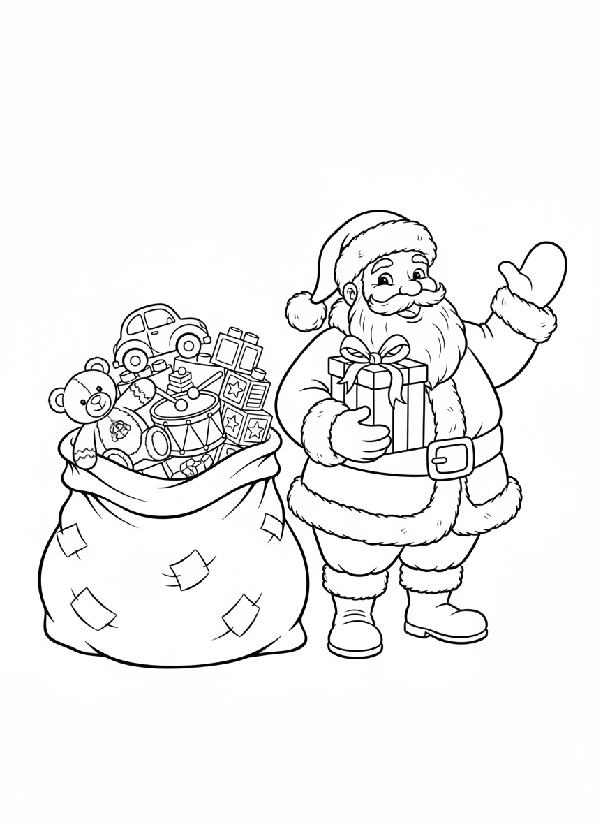 サンタクロースとプレゼントの袋ぬりえ - クリスマス ぬりえページ お祭りと楽しい - 無料印刷可能な輪郭画