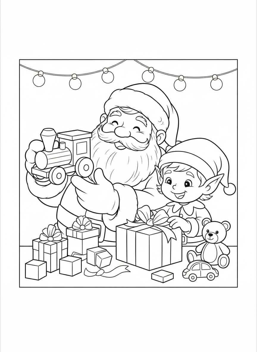 Santa & Elf's Christmas Toy Workshop Coloring Page - Christmas Coloring Page featuring Christmas and Elf - Free Printable Outline Drawing for Kids