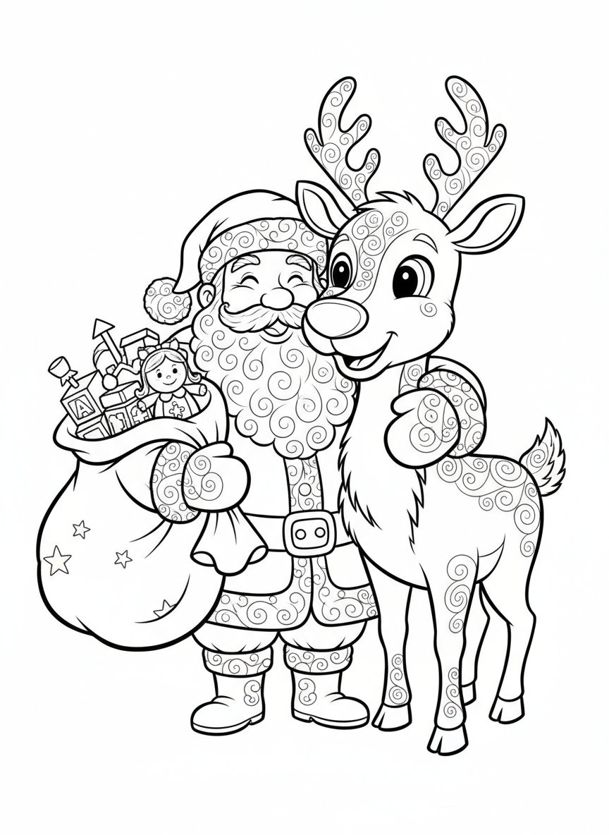 Santa & Reindeer Hug: Christmas Coloring Page for Kids - Christmas Coloring Page featuring Christmas and Santa - Free Printable Outline Drawing for Kids