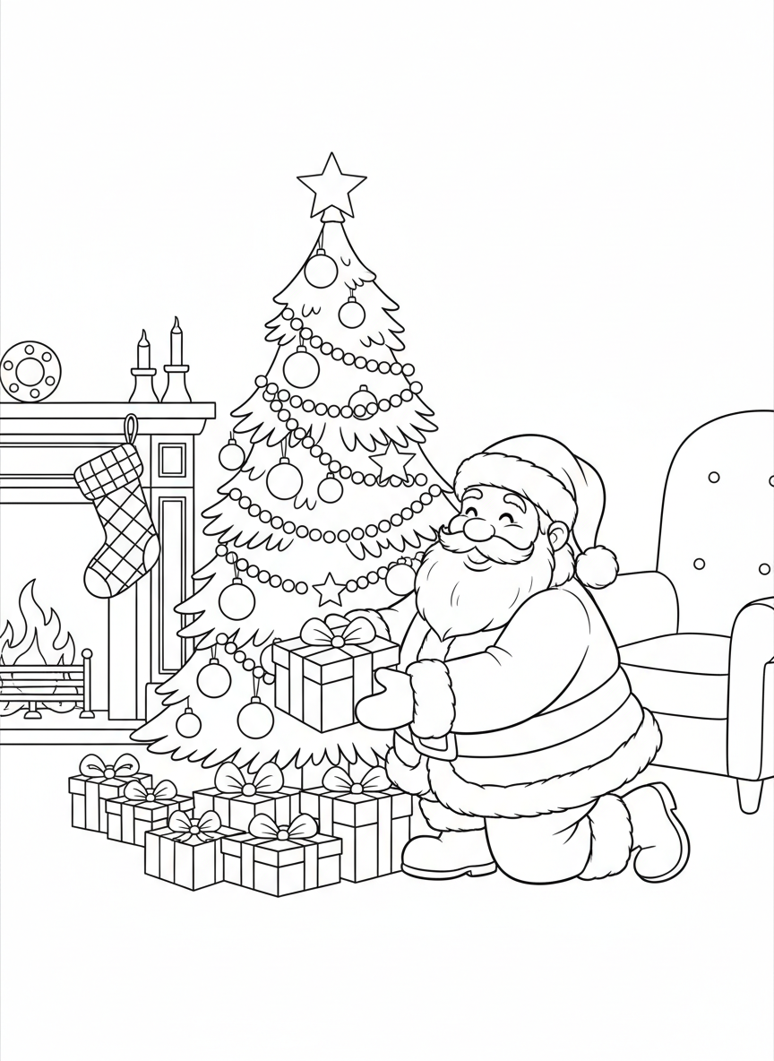 Santa's Cozy Christmas Eve: A Festive Coloring Page for Kids - Christmas Coloring Page featuring Christmas Tree and Cozy - Free Printable Outline Drawing for Kids