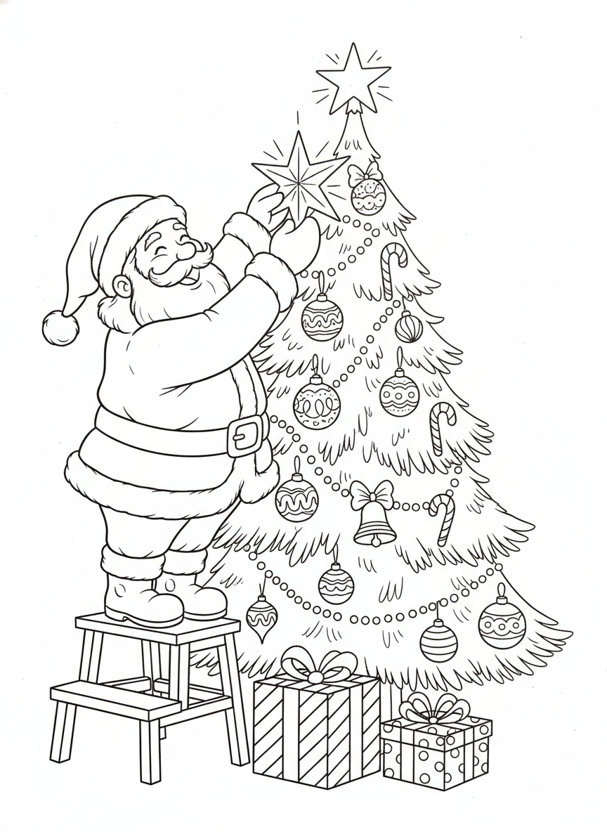 Santa's Festive Christmas Tree Decorating Coloring Page - Christmas Coloring Page featuring Festive and Happy - Free Printable Outline Drawing for Kids