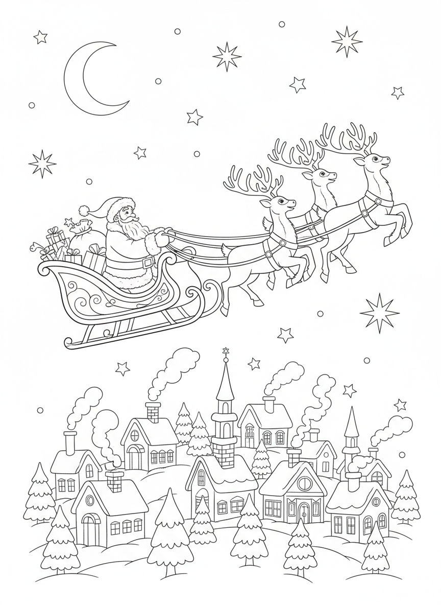 Santa's Magical Sleigh Ride: A Christmas Eve Coloring Adventure for Kids - Christmas Coloring Page featuring Christmas and Reindeer - Free Printable Outline Drawing for Kids