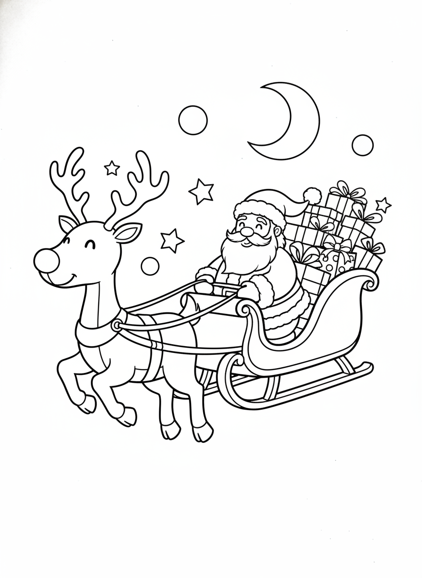 Le Traîneau du Père Noël : Une Page de Coloriage Joyeuse - Noël Coloriage avec Festif et Heureux - Dessin au Trait Gratuit Imprimable