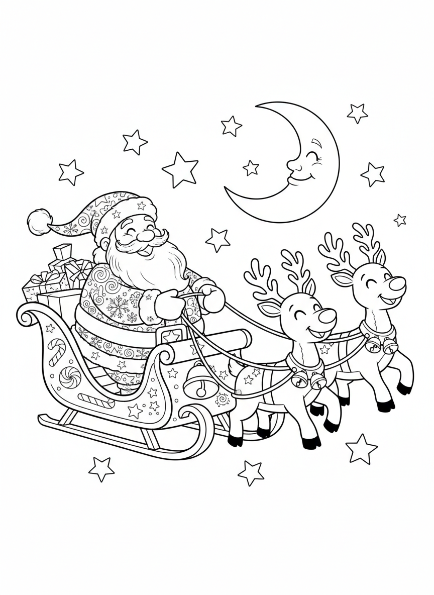 Santa's Sleigh Ride: A Festive Christmas Coloring Page for Kids - Christmas Coloring Page featuring Christmas and Kids - Free Printable Outline Drawing for Kids