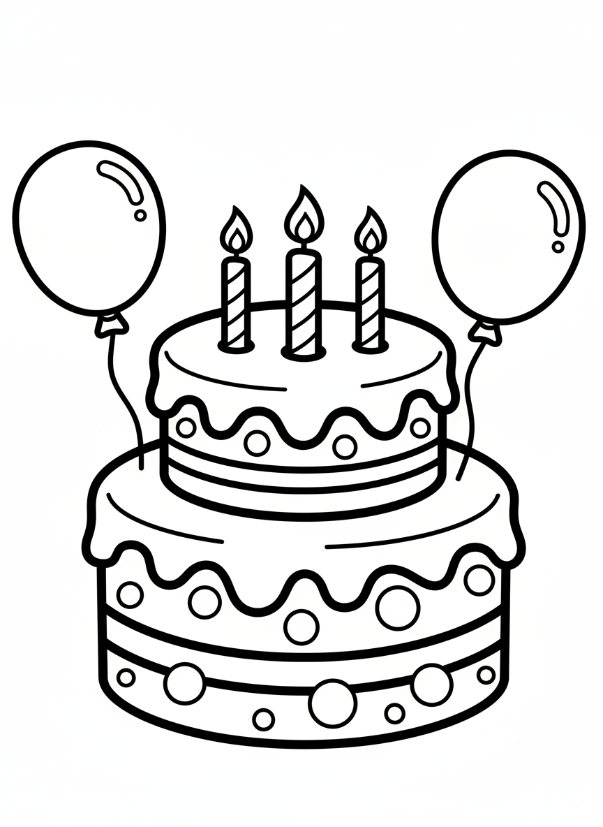 Simple Birthday Cake & Balloons Coloring Page for Kids - Birthday Coloring Page featuring Children and Birthday - Free Printable Outline Drawing for Kids