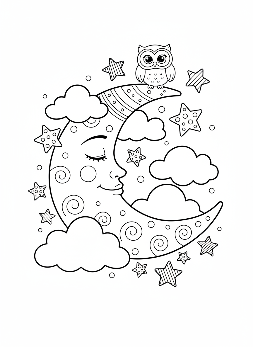 Lua Dormindo e Coruja: Página de Colorir de um Céu Noturno Encantador - Espaço e Planeta Desenho para Colorir com Crianças e Fofo - Desenho de Contorno Grátis Imprimível