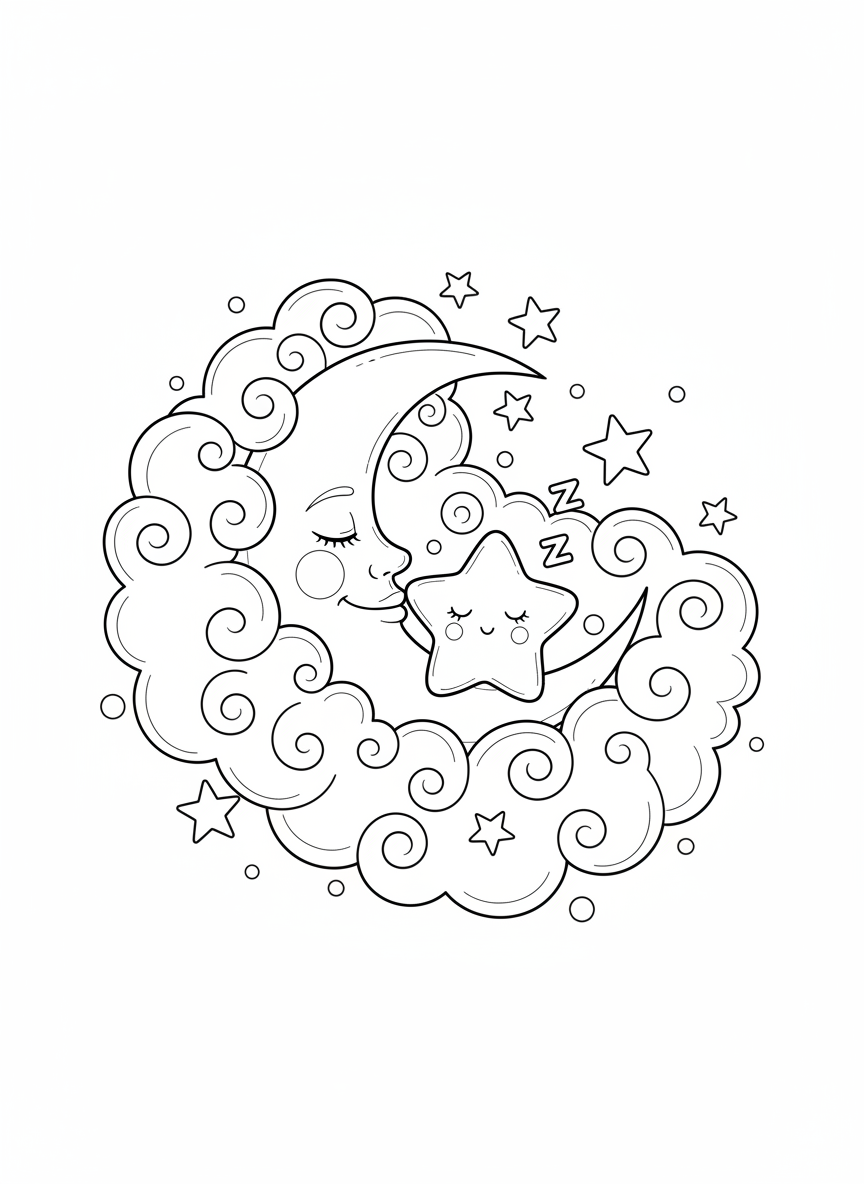 Página de Colorir Lua Crescente e Estrela Sonolenta para Crianças - Espaço e Planeta Desenho para Colorir com Crianças e Estrela - Desenho de Contorno Grátis Imprimível