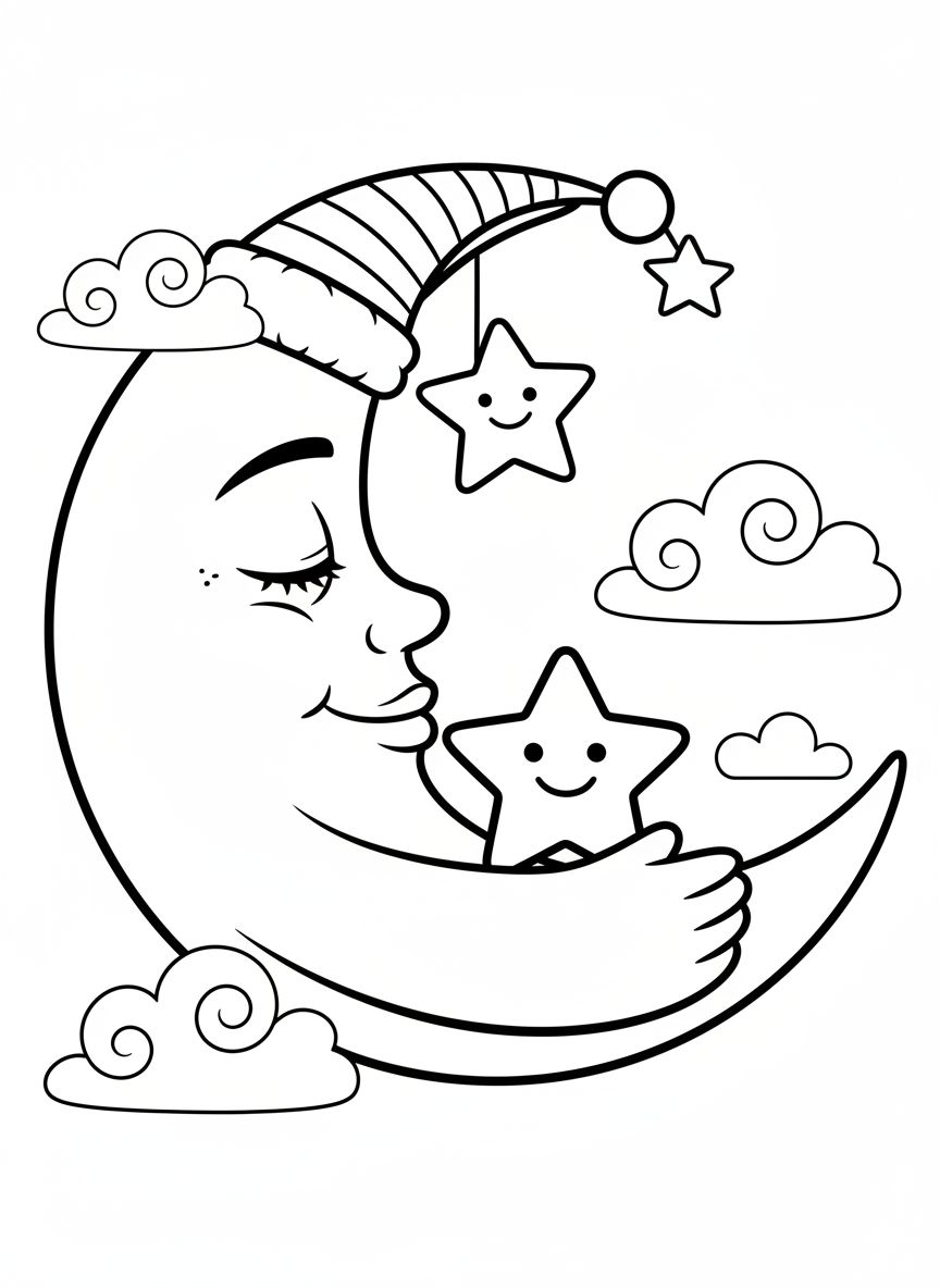 Lua Sonolenta e Estrelas: Página de Colorir Infantil - Espaço e Planeta Desenho para Colorir com Crianças e Fofo - Desenho de Contorno Grátis Imprimível