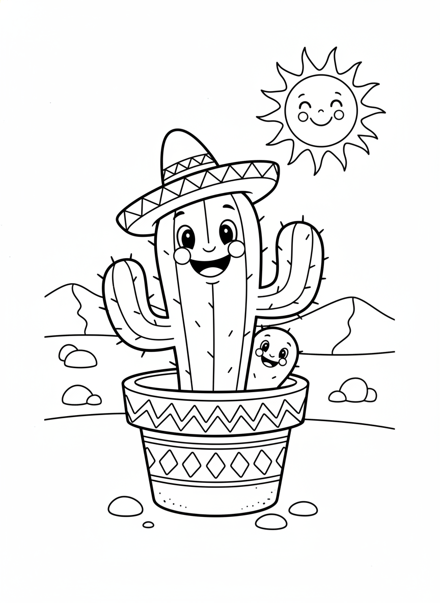 Página para Colorear de Familia de Cactus Sonrientes para Niños - Cactus Dibujo para Colorear con Niños y Lindo - Dibujo de Contorno Gratis Imprimible