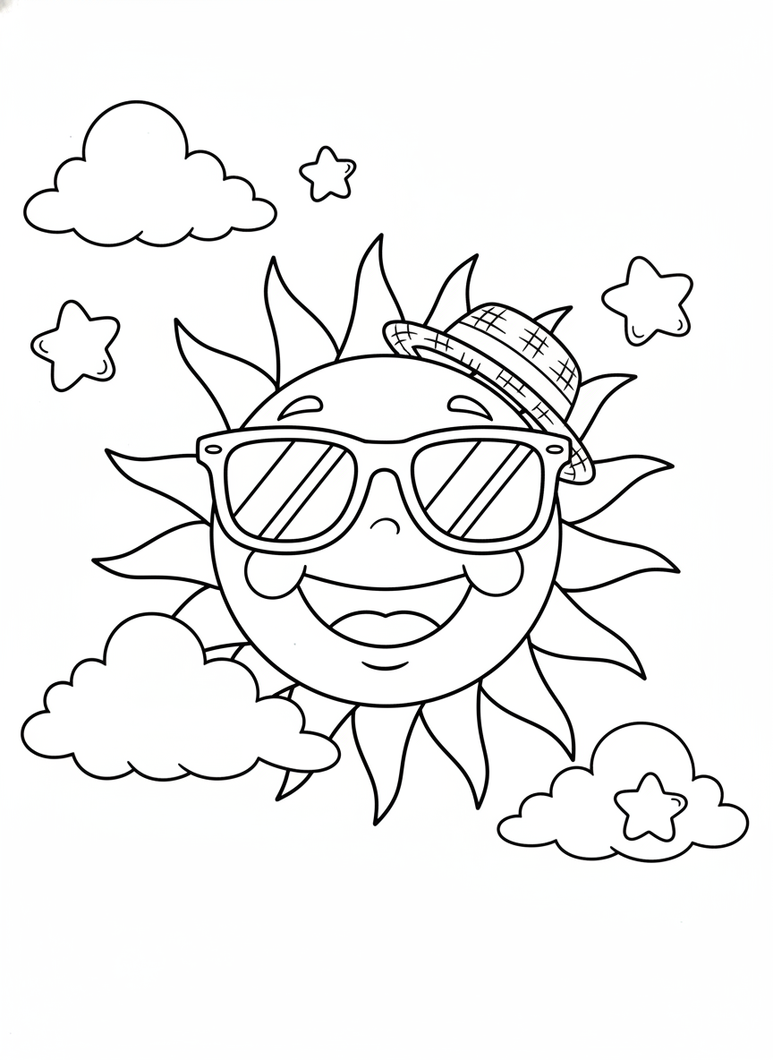Smiling Sun with Sunglasses & Hat Coloring Page for Kids - Space & Planet Coloring Page featuring Happy and Children - Free Printable Outline Drawing for Kids