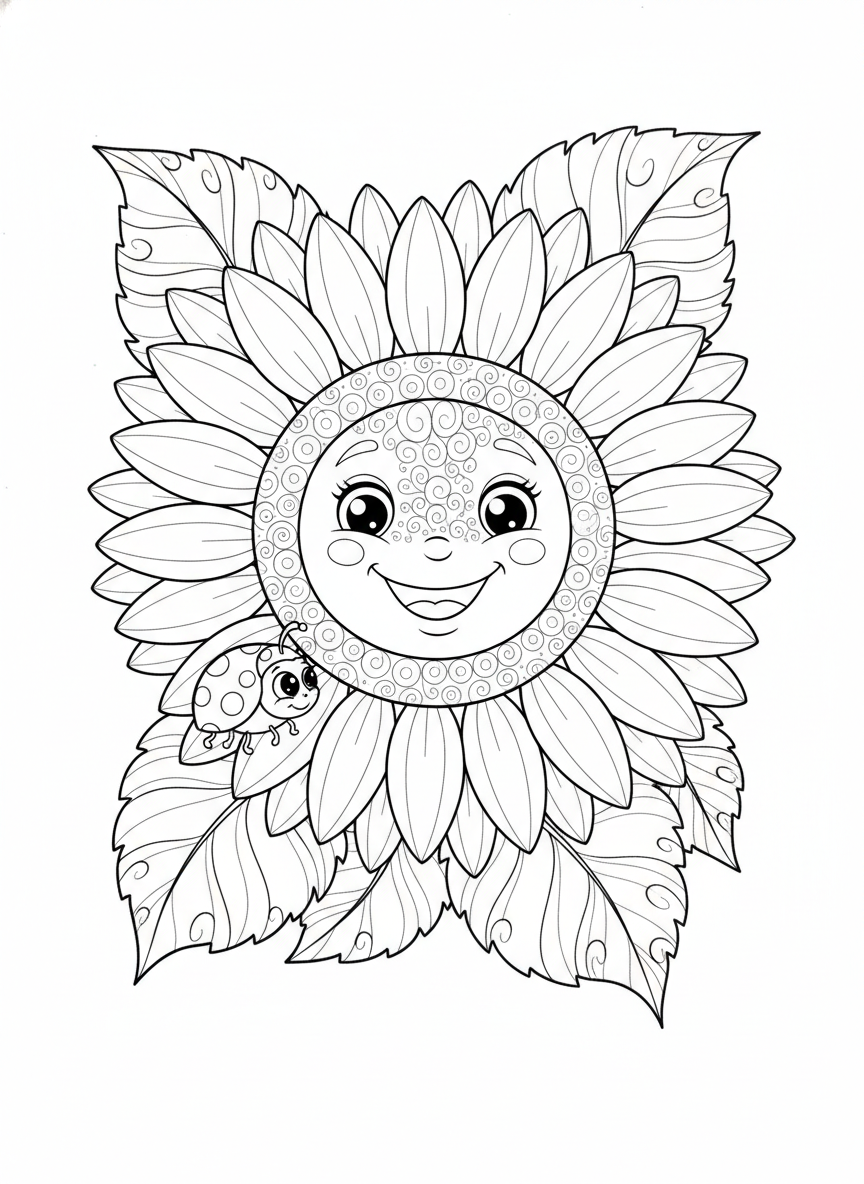 Girasol Sonriente y Mariquita: Página para Colorear para Niños - Flores Dibujo para Colorear con Naturaleza y Niños - Dibujo de Contorno Gratis Imprimible