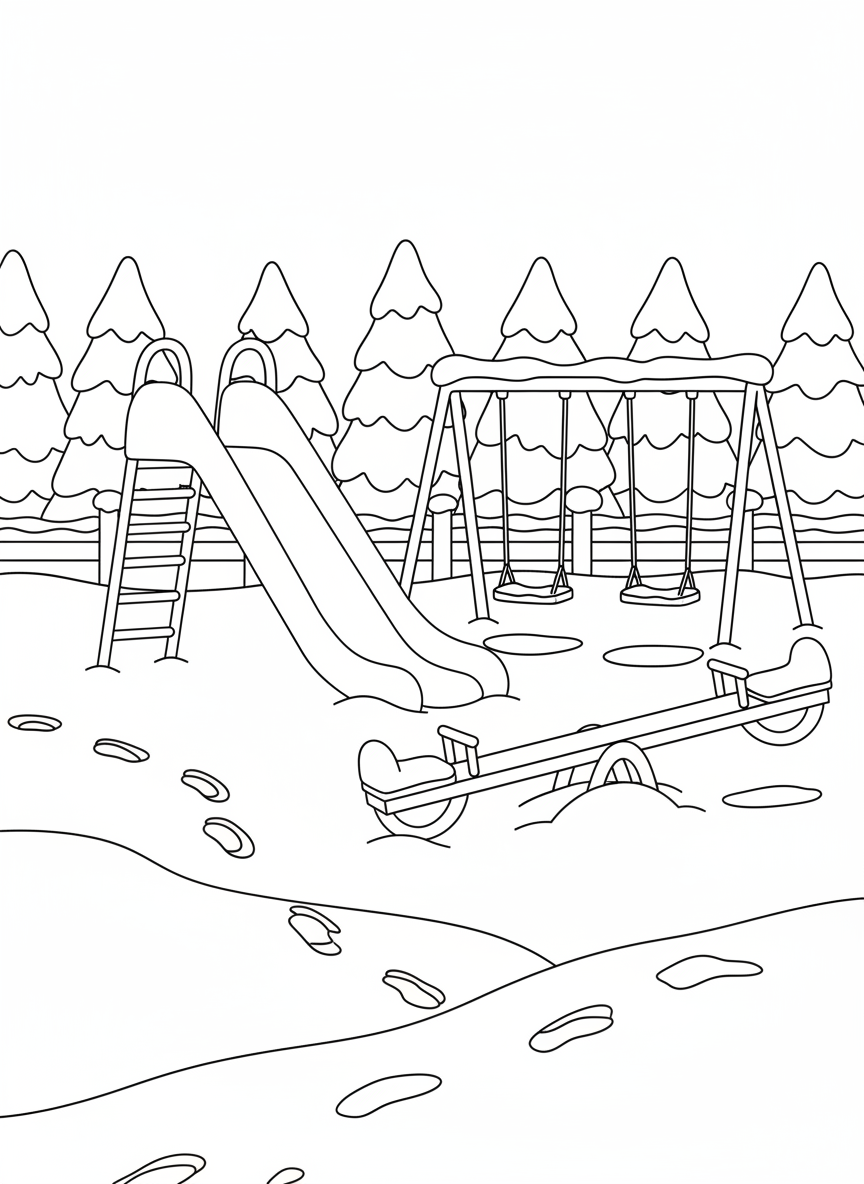 Snowy Playground Fun Coloring Page - Winter Coloring Page featuring Snow and Seasonal - Free Printable Outline Drawing for Kids