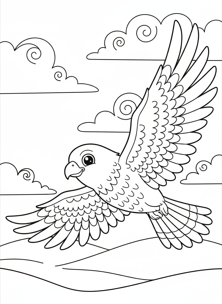 Soaring Hawk Coloring Page: Friendly Bird in Rolling Hills for Kids - Bird Coloring Page featuring Nature and Flying - Free Printable Outline Drawing for Kids