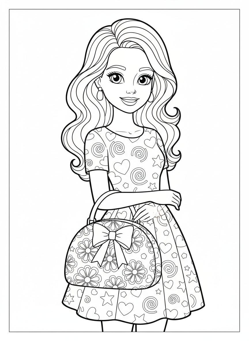 Barbie Elegante com Bolsa para Colorir - Barbie Desenho para Colorir com Barbie e Crianças - Desenho de Contorno Grátis Imprimível