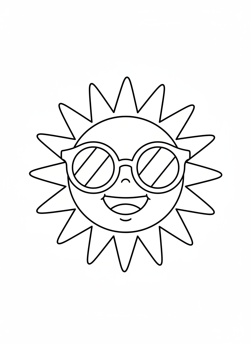 Super Cool Sun with Sunglasses Kids' Coloring Page - Sun Coloring Page featuring Children and Cute - Free Printable Outline Drawing for Kids