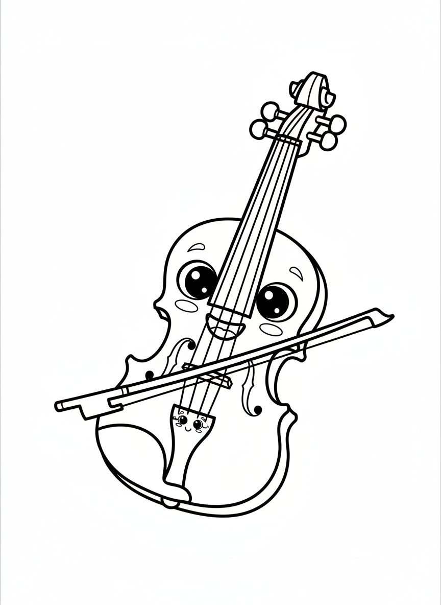 Super Cute Smiling Cartoon Violin Coloring Page for Kids - Musical Instrument Coloring Page featuring Happy and Children - Free Printable Outline Drawing for Kids