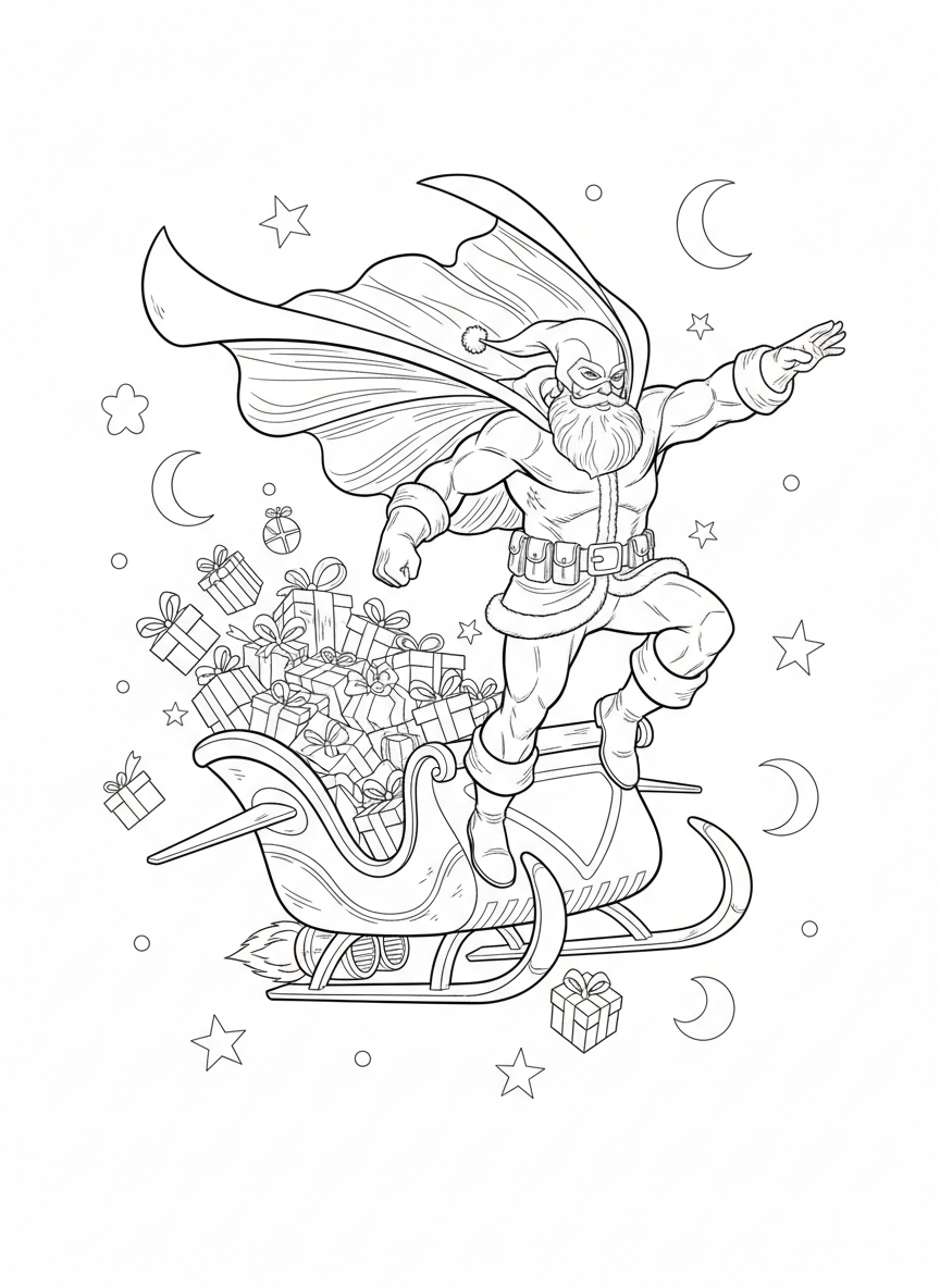 Superhero Santa's Speedy Christmas Delivery Coloring Page - Christmas Coloring Page featuring Christmas and Santa - Free Printable Outline Drawing for Kids