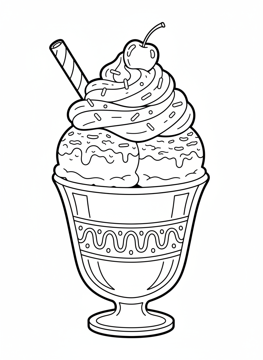 Sweet & Cheerful Ice Cream Sundae Coloring Page for Kids - Dessert Coloring Page featuring Easy to Color and Cute - Free Printable Outline Drawing for Kids