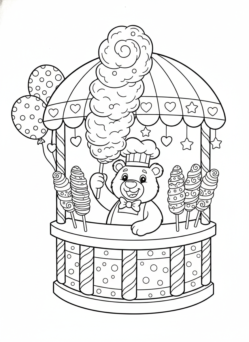 Sweet Cotton Candy Stand Coloring Page for Kids - Dessert Coloring Page featuring Cute Animal and Dessert - Free Printable Outline Drawing for Kids